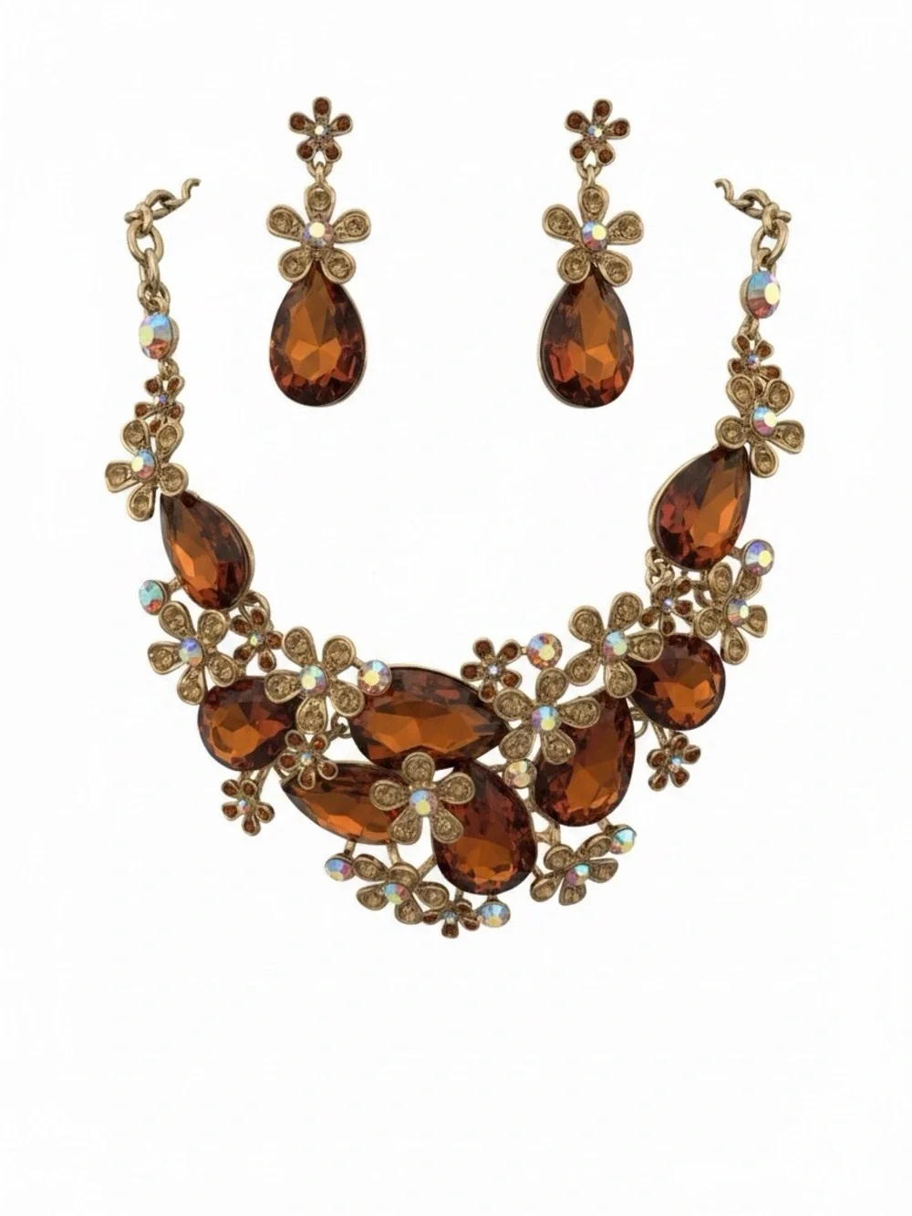 Alilang Amber Crystal Floral Statement Necklace Earring Set Gold Tone Bib Collar - Picture 2 of 5